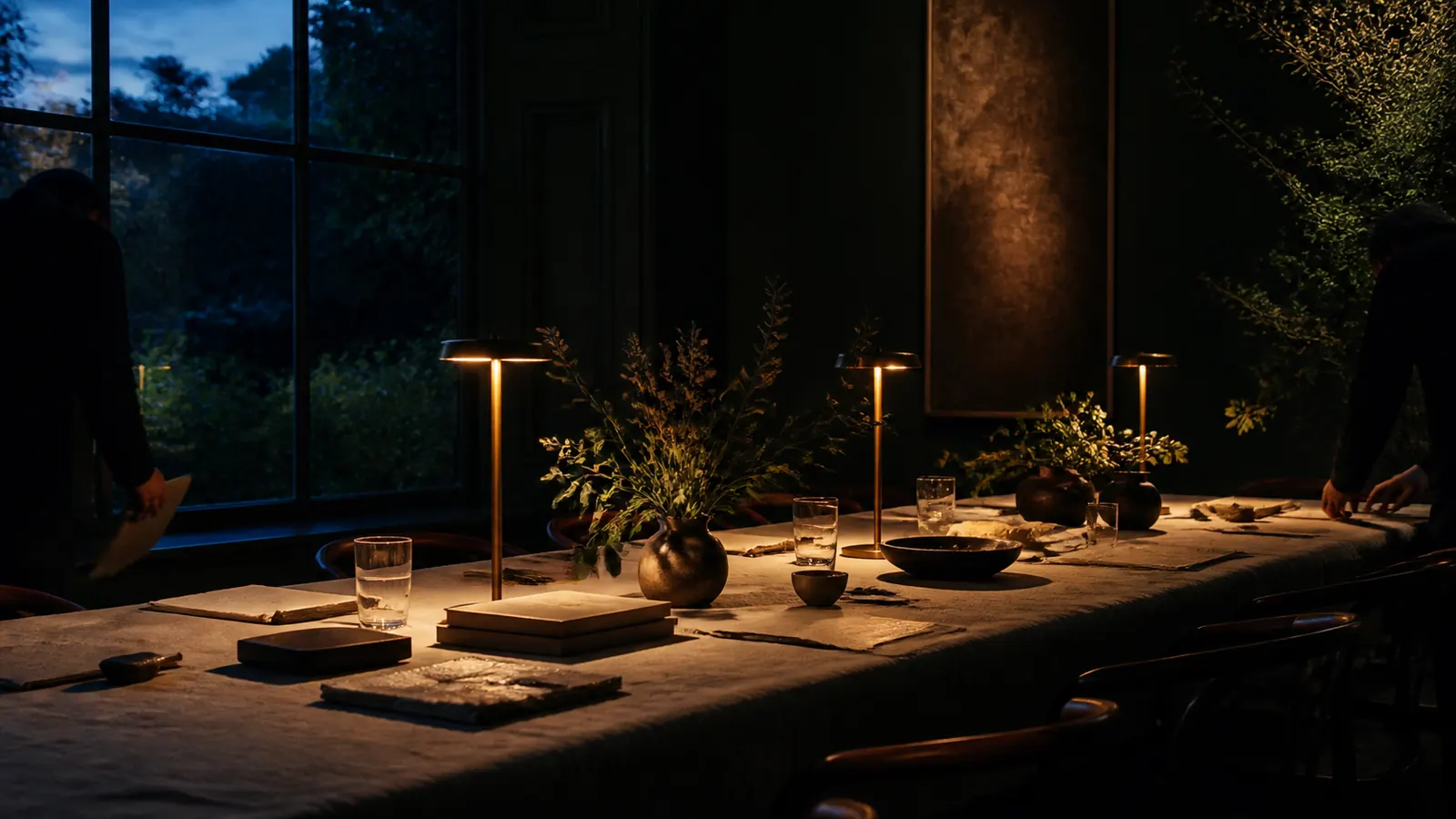 An intimate table being prepared for a focused private gathering.
