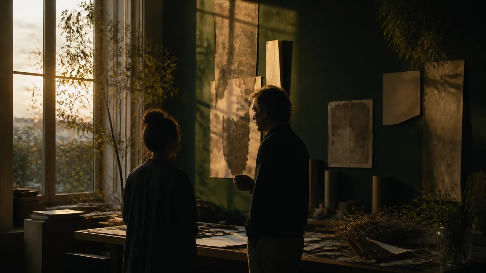 A private cultural studio at dusk with people seen only in silhouette.